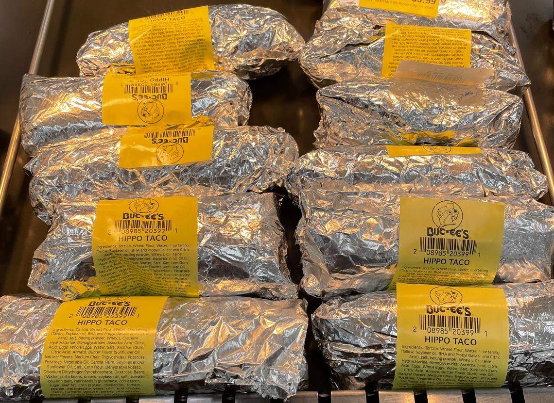 Buc-ee’s “hippo” breakfast tacos, which include bacon, beans, eggs, cheese, potatoes and green salsa, sold at the gas station’s location in Royce City, Texas.