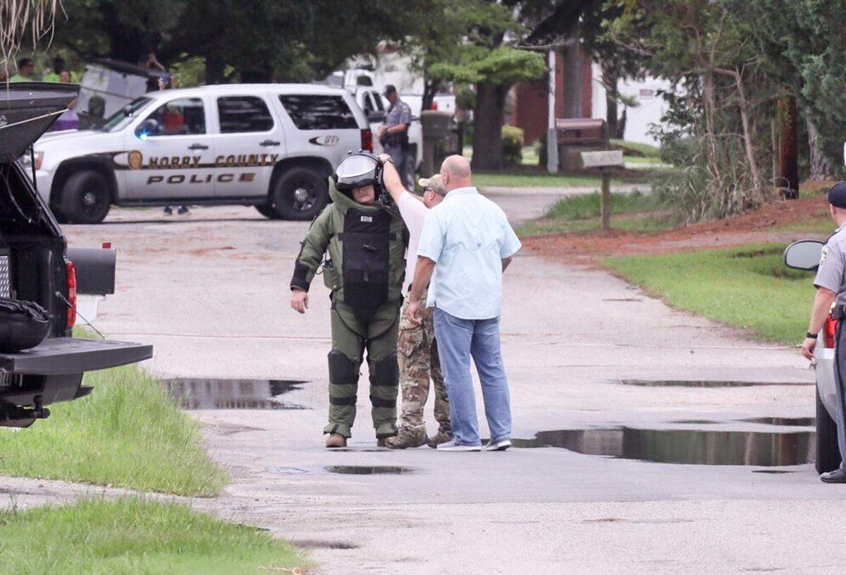 The Horry County Police Department’s Explosive Ordnance Disposal team on scene after reports of a suspicious package found on Wagon Wheel Road on Thursday, August 2, 2018.