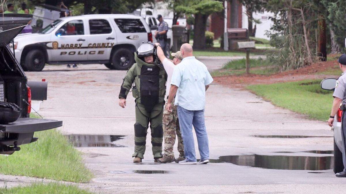 The Horry County Police Department’s Explosive Ordnance Disposal team on scene after reports of a suspicious package found on Wagon Wheel Road on Thursday, August 2, 2018.