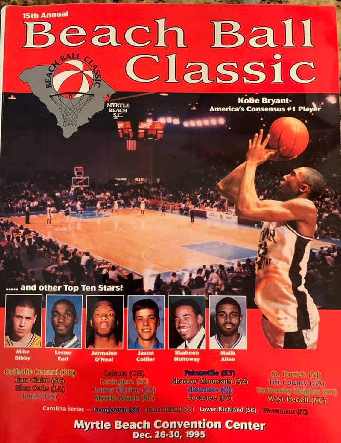 Kobe Bryant was featured on the cover of the 1995 Beach Ball Classic program, along with other stars that year including Mike Bibby and Jermaine O’Neal.