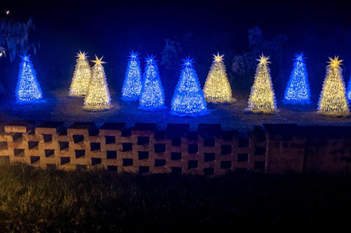 Beyond the garden wall, 11 bottle trees are made from 135 recycled bottles shimmering with blue and white light. Nights of a Thousand candles at Brookgreen Gardens in Murrells Inlet is in its 24th year and is one of the south’s most celebrated holiday destinations. Three thousand candles are lit each night and there are over 180,000 lights hanging from the trees in Oak Allee alone. More than 80,000 tickets have been sold to this year’s events. Nov. 30, 2023.