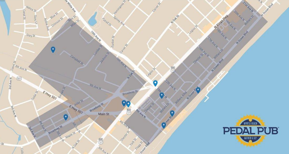 A map Pedal Pub shared in a Myrtle Beach City Council workshop shows the company’s proposed areas of operation.