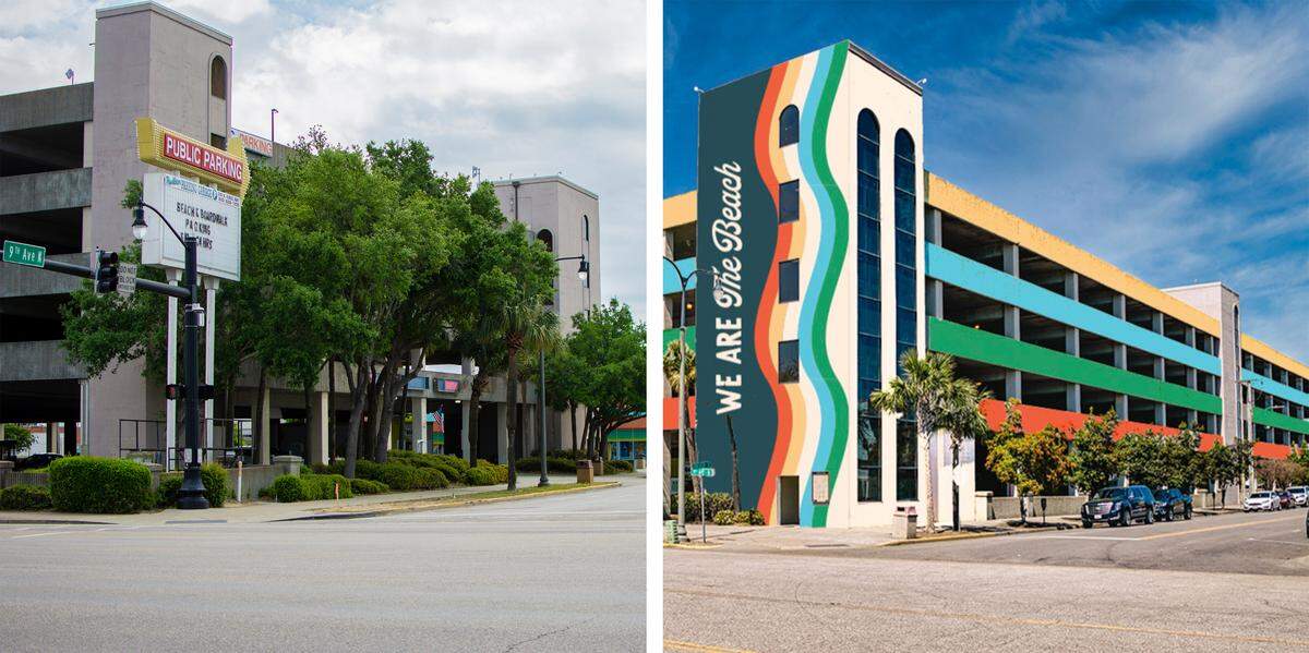 The Pavilion Parking Garage in Myrtle Beach was planned to be painted in early summer 2021 as part of a plan to beautify parts of downtown. However, seven months later, that hasn’t happened. Left, the parking garage on May 6, 2021. Right, a rendering of the garage after painting.