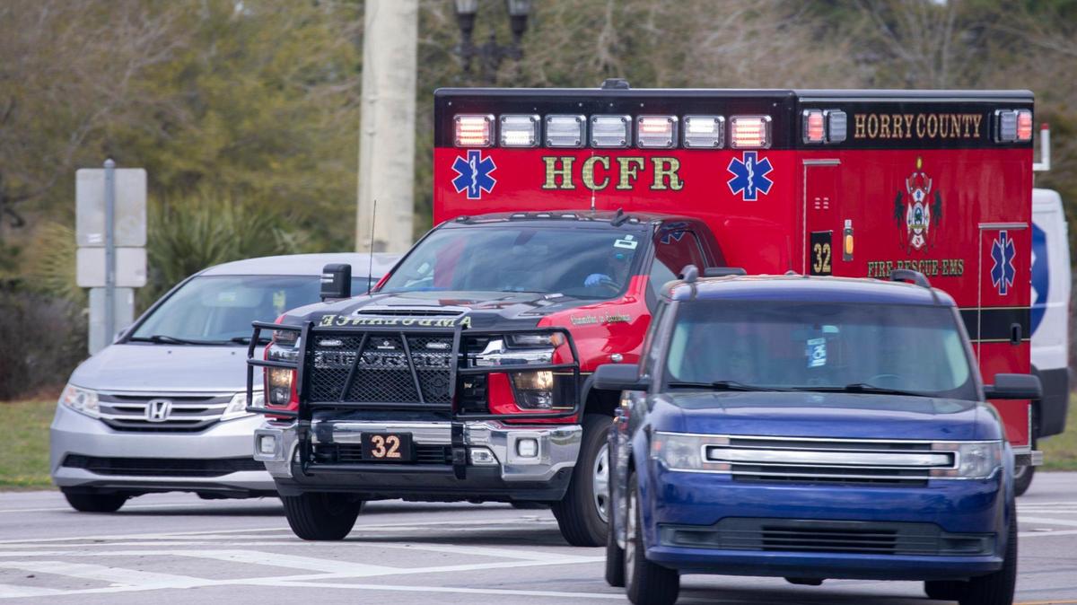 An Horry County Fire and Rescue ambulance weaves through traffic rushing victims to the Grand Strand Medical Center in Myrtle Beach, S.C. March 8, 2024.