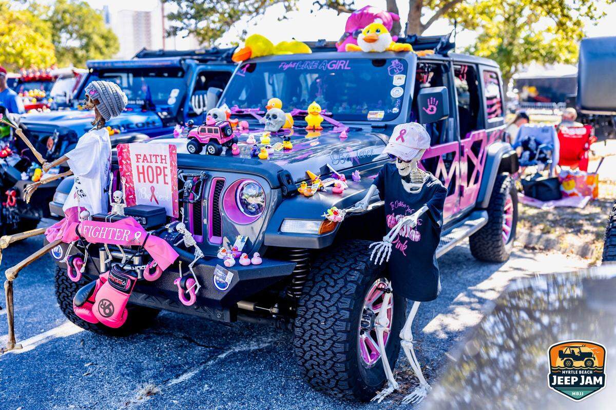 A breast cancer awareness-themed Jeep decorated with ducks and skeletons at the 2023 Myrtle Beach Jeep Jam. via Myrtle Beach Jeep Jam