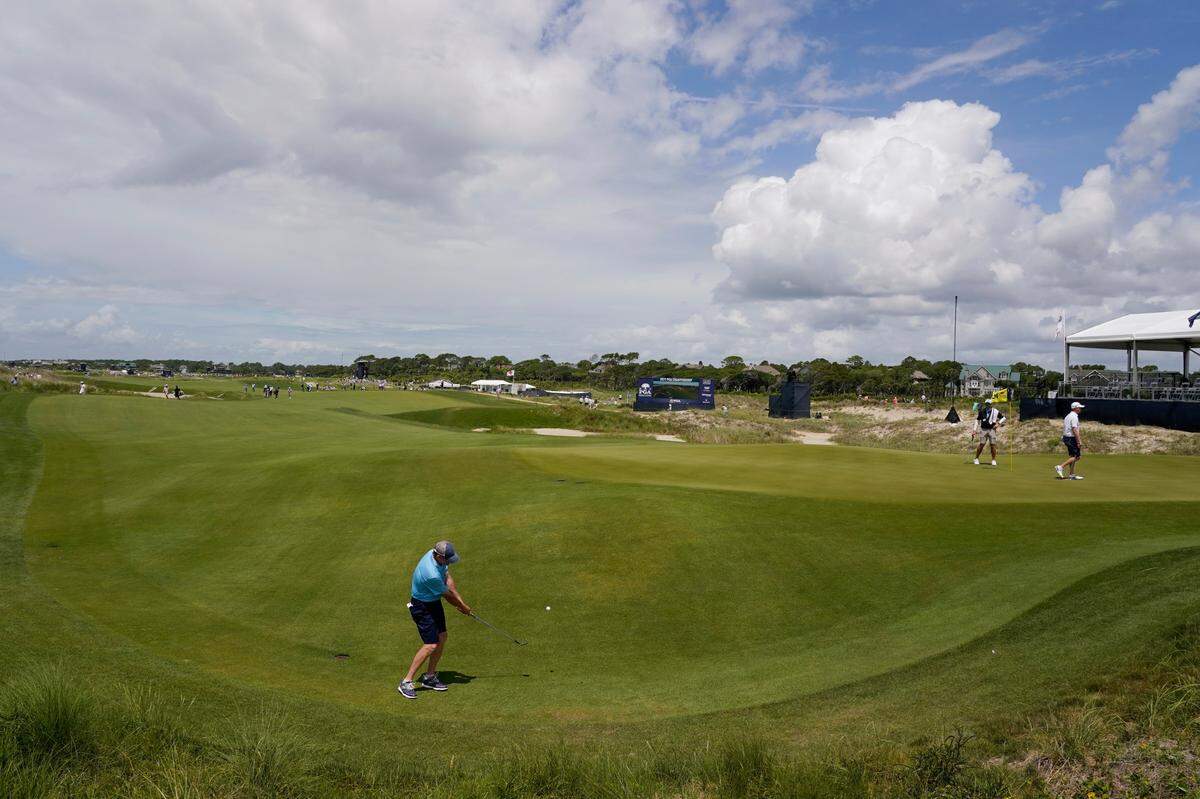 Shaun Micheel chips up to the 16th hole during a practice round at the PGA Championship golf tournament on the Ocean Course Wednesday, May 19, 2021, in Kiawah Island, S.C. (AP Photo/Chris Carlson)
