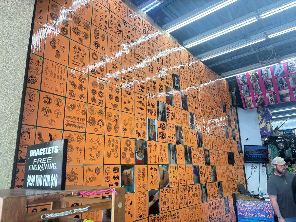 The wall of possible henna tattoo designs at the Universtiy of Rock and Roll. April 21, 2025