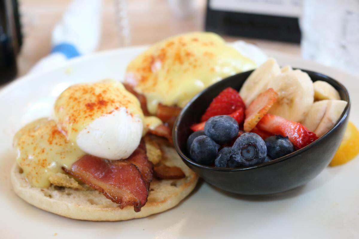 Blueberry’s Grill Country Benedict has fried green tomatoes, poached eggs, applewood smoked bacon and hollandaise sauce.
