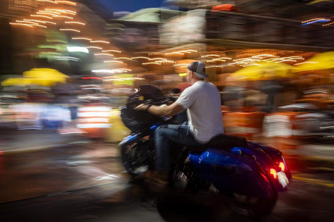 Bikers roll into Murrells Inlet, S.C. on Friday evening for Fall Bike Week. Thousands visited the popular bars and vendors that line U.S. Highway 17 on the South end of the Grand Strand despite scattered showers. Oct. 6, 2023.