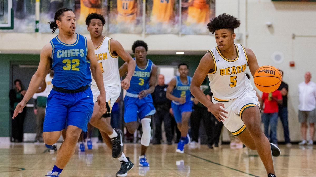Myrtle Beach’s Ayden Hickman drives the ball towards the net as North Myrtle Beach defends Tuesday night at Myrtle Beach High School.