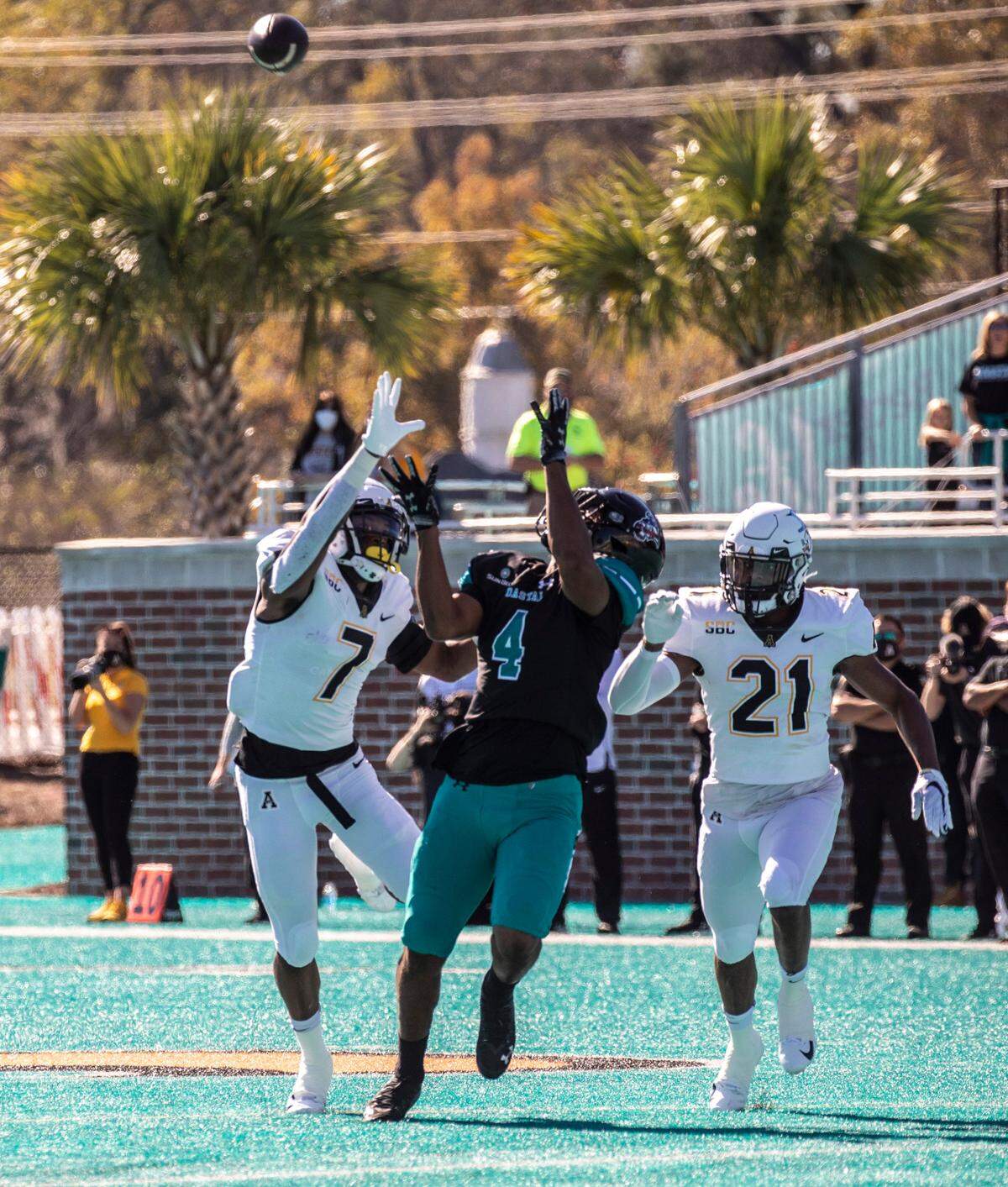 Coastal’s Isaiah Likely catches a pass to score a touchdown against Appalachain State on Saturday. Coastal Carolina played Appalachian State with first place in the Sun Belt Conference’s East Division on the line Saturday at Brooks Stadium in Conway. Nov. 21, 2020.. November 21, 2020.