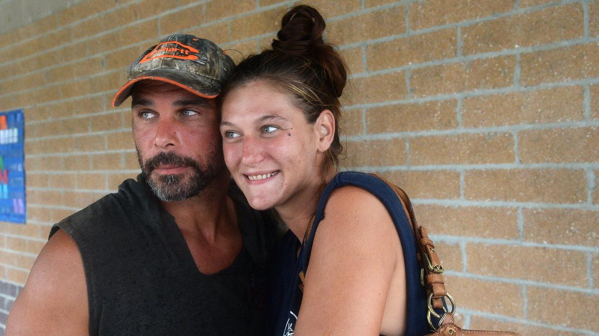 BJ Coleman and Jessica Myers, husband and wife, moved to Conway, SC for tree trimming work. They evacuated to the Palmetto Bays Elementary School. Hurricane Florence came ashore at Wilmington, NC Friday morning Sept. 14, 2018. The eye of he storm is expected to move down the coast to the Myrtle Beach area and then move slowly west causing severe flooding as it trundles inland.