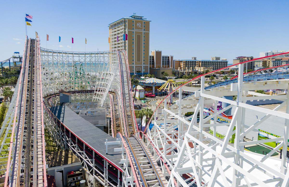 The Swamp Fox roller coaster at Family Kingdom Amusement Park in Myrtle Beach on Monday morning, a few hours before the park reopened.