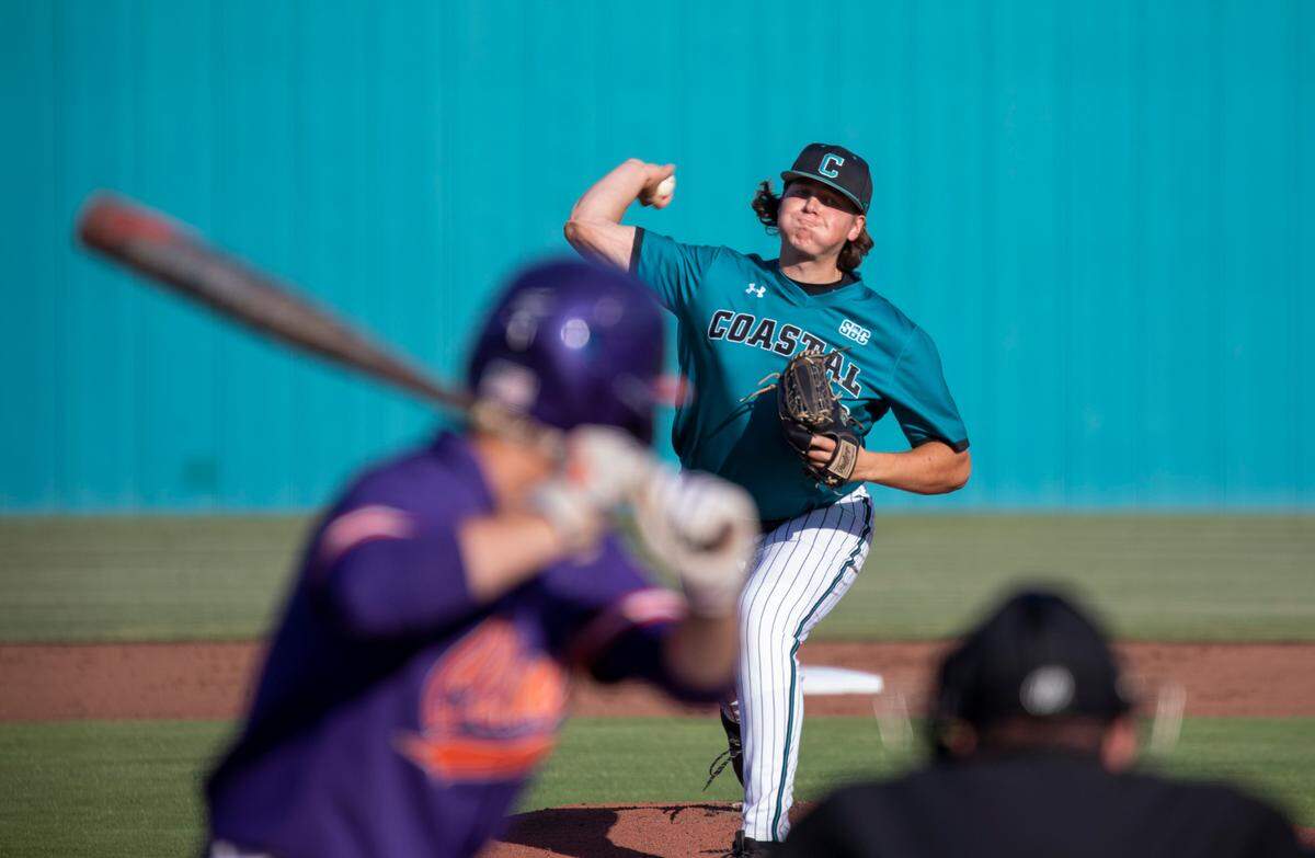 Coastal’s Matthew Potok pitches against Clemson at Springs Brooks Stadium in Conway, SC in 2022. CCU’s baseball team is ending the 2023 season with a winning record. May 17, 2022.