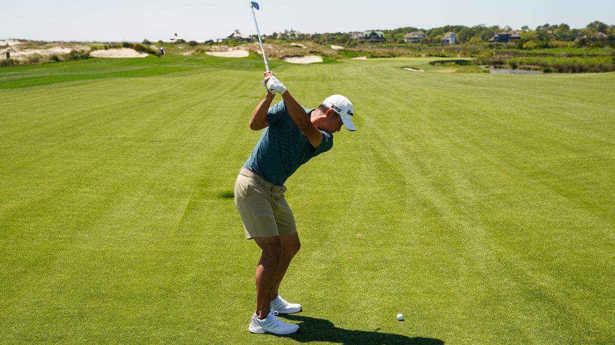 Collin Morikawa hits his shot Monday during the 2021 PGA Championship Media Day at Kiawah Island Golf Resort’s Ocean Course. Morikawa will defend his 2020 title at the course from May 20-23.