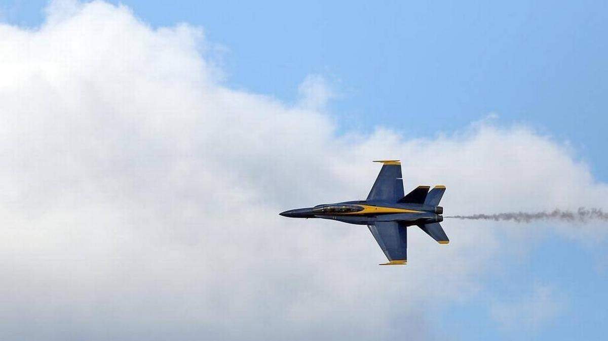 A Blue Angels F/A-18 Hornet visits Myrtle Beach for the spring air show at the General Aviation Terminal on Tuesday. The air show is slated for April 28-29, 2018.