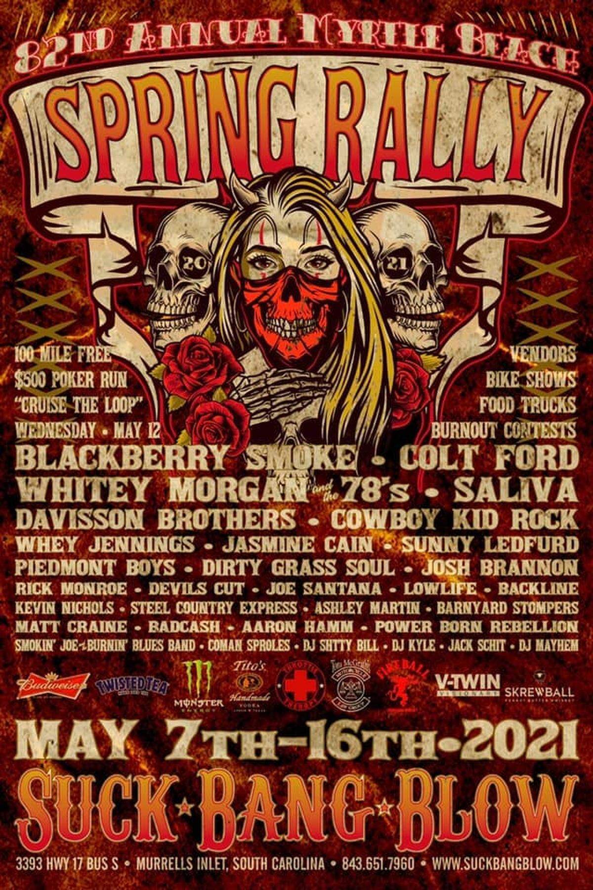 Suck Bang Blow is hosting nearly 30 bands over a 10-day period for the 2021 Myrtle Beach Harley-Davidson spring motorcycle rally.