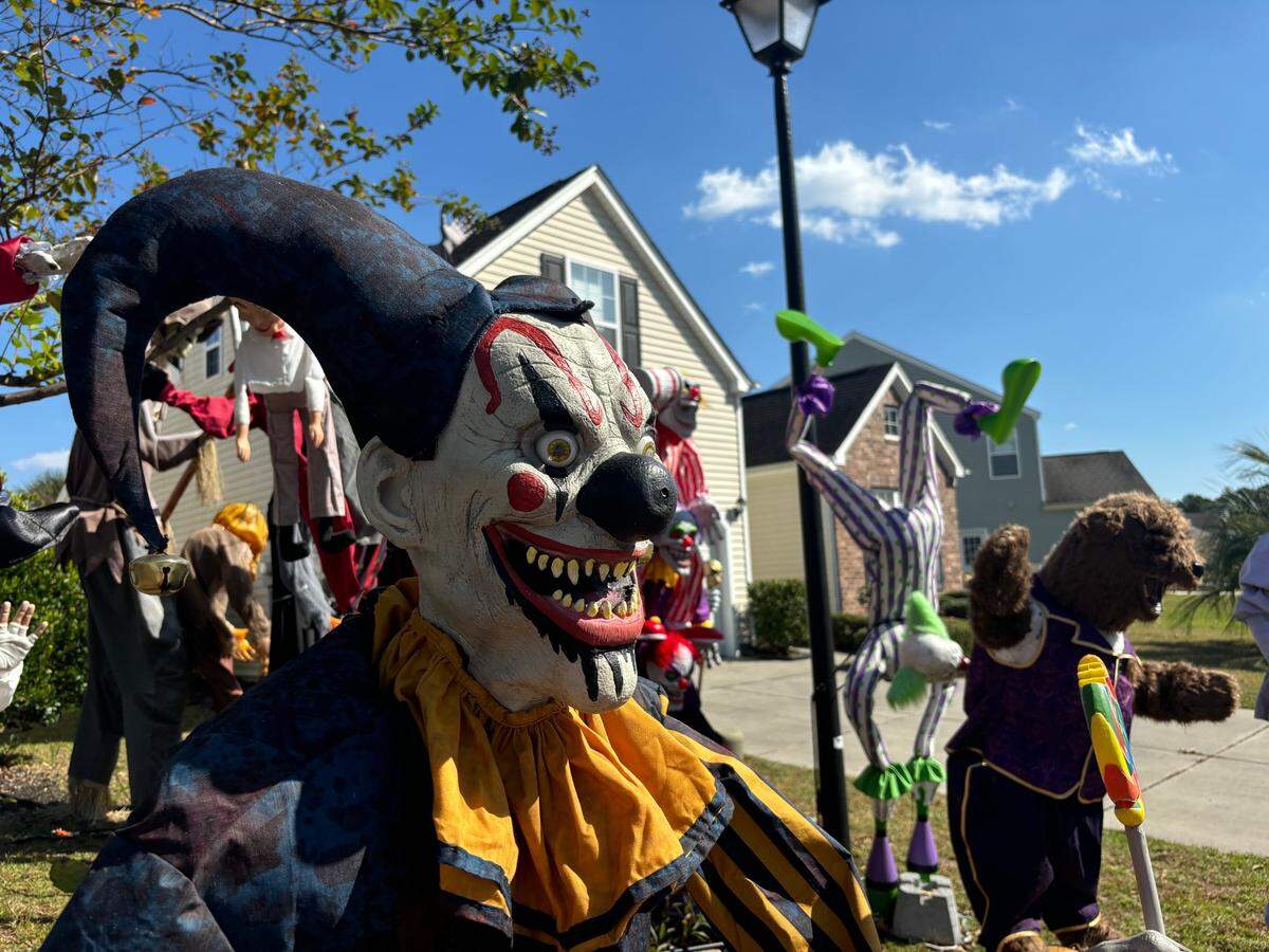 The haunted circus Bohdi Pierce put together in his yard. There’s multiple clowns, a ring master,a bear on a ball and even a man who breathes fire.