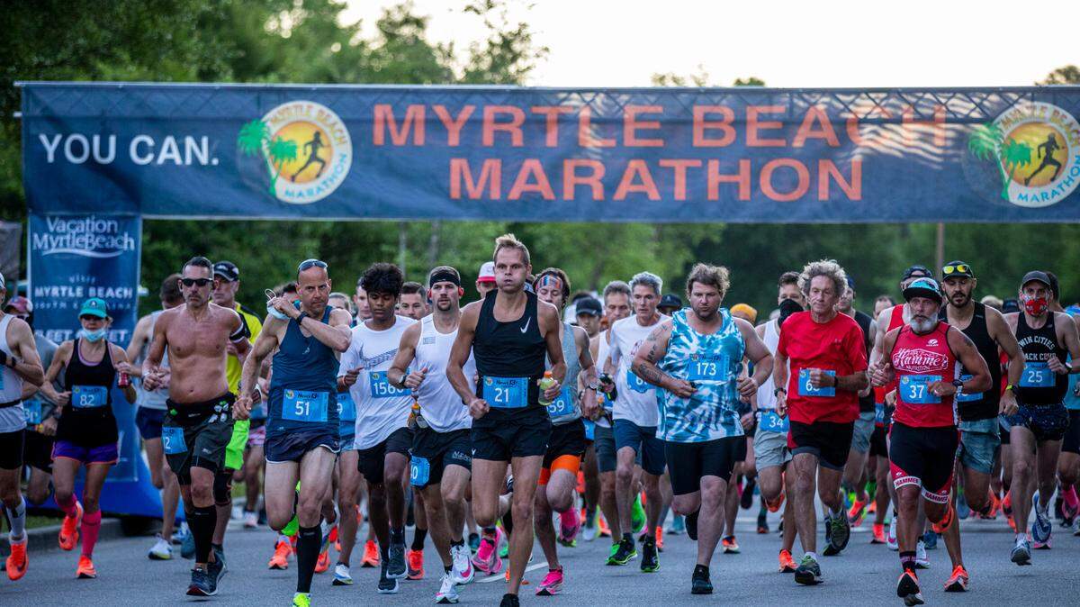 Runners start the 24th Myrtle Beach Marathon on May 1, 2021, which featured new safety precautions. Myrtle Beach hosted approximately 4,000 runners in full marathon, half marathon and 5-kilometer races.