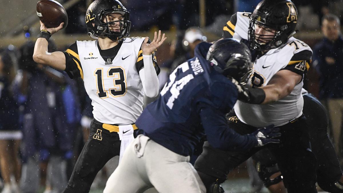 Appalachian State redshirt freshman quarterback Peyton Derrick (13) prepares to pass against Georgia Southern during the first half of the Mountaineers’ 34-14 loss Thursday in Statesboro, Ga. With Mountaineers starting QB Zac Thomas in concussion protocol as of Wednesday, Derrick could play against Coastal Carolina at Brooks Stadium on Saturday.