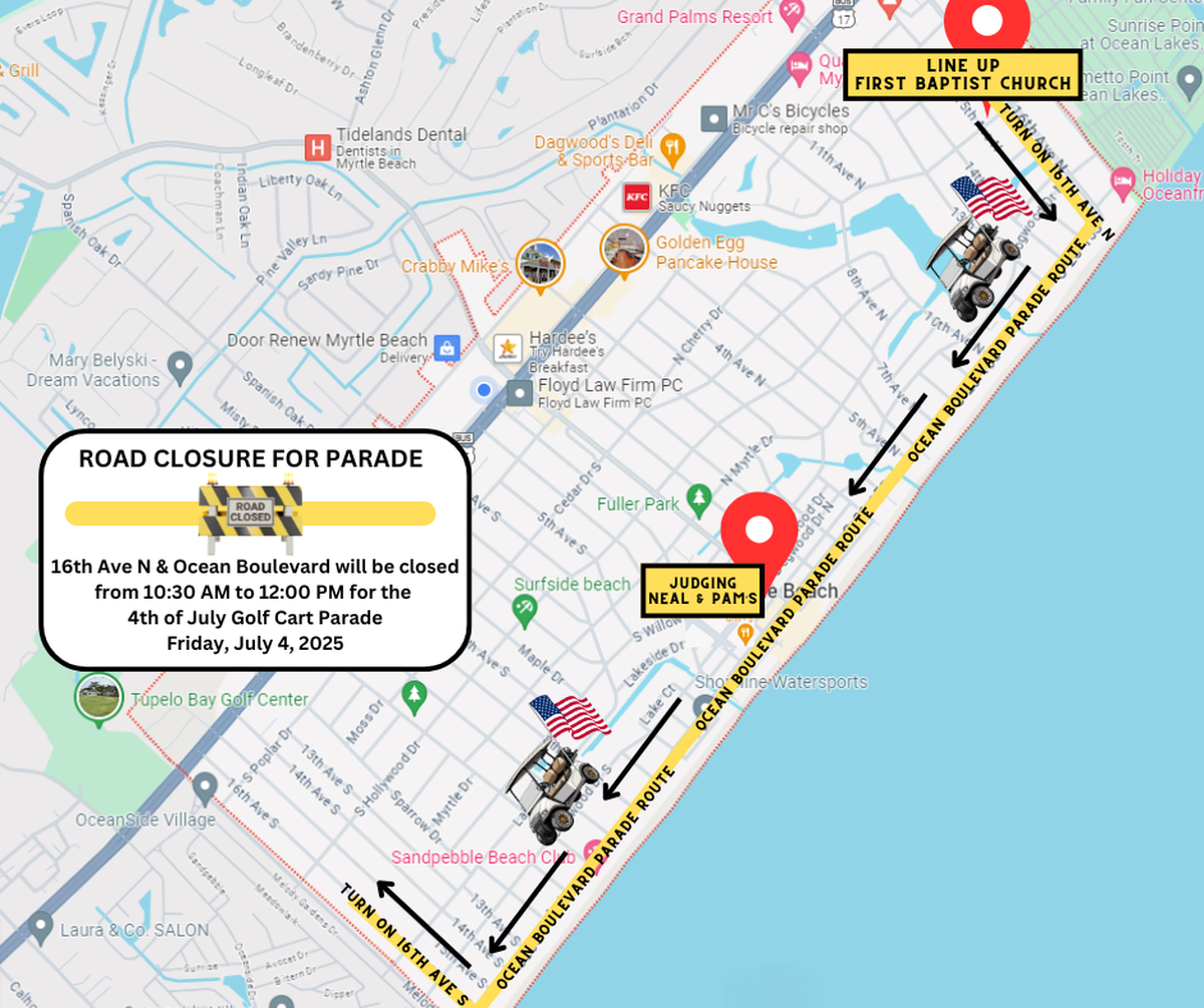 Surfside Beach will close 16th Avenue North and Ocean Boulevard from 10:30 a.m. to 12:00 p.m. on July 4, 2025.