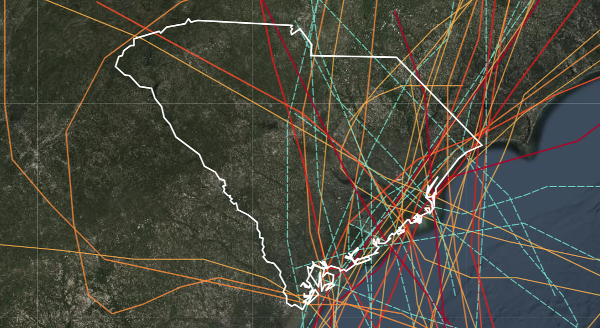 A map from the South Carolina Department of Natural Resources shows the paths of hurricanes and tropical storms that have made landfall in the state since 1851.