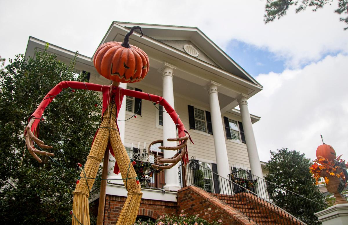 A replica of Jack Skellington from Disney’s “A Nightmare Before Christmas” greets guests outside of Dr. Stephen Watkins’ home in Murrells Inlet Tuesday afternoon. Watkins constructs new, elaborate Halloween decorations for his home every year. This year, he chose to replicate Disney’s Haunted Mansion in Anaheim, California.