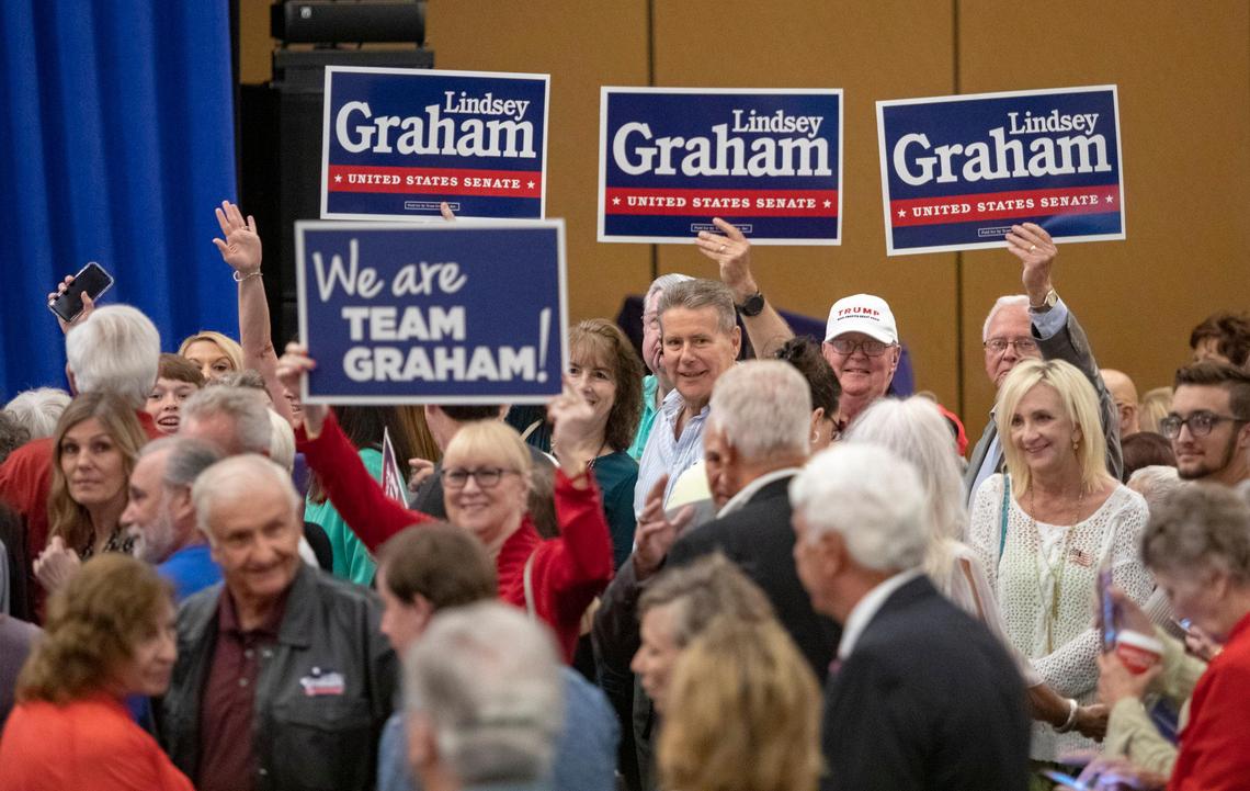 Lindsey Graham supporters wait for a rally to begin in a ballroom at the Embassy Suites at Kingston Plantation in Myrtle Beach. South Carolina Senator Lindsey Graham was in town with Vice President Mike Pence, South Carolina Governor Henry McMaster and Congressman Tom Rice to announce Graham’s intention to run for re-election.