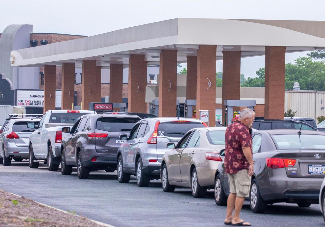 A gas line formed around the Kroger shopping center in North Myrtle Beach. Gas prices on the rise in South Carolina as cyber attack shuts down a major gas pipeline. Stations in North Myrtle Beach were experiencing shortages on Tuesday with long lines at the few stations where pumps were still open. May 11, 2021.