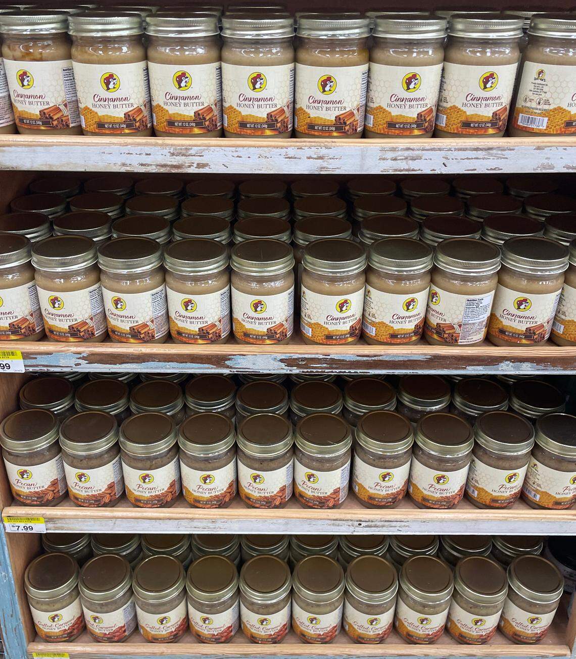 Varieties of honey butter that the gas station chain Buc-ee’s sells at its travel centers around the U.S.