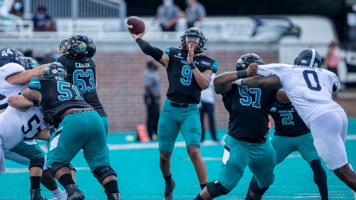 Coastal’s Fred Payton flings a pass down field against Georgia Southern. Coastal Carolina played its first game as a ranked FBS team against Georgia Southern on Saturday at Brooks Stadium in Conway. October 24, 2020.