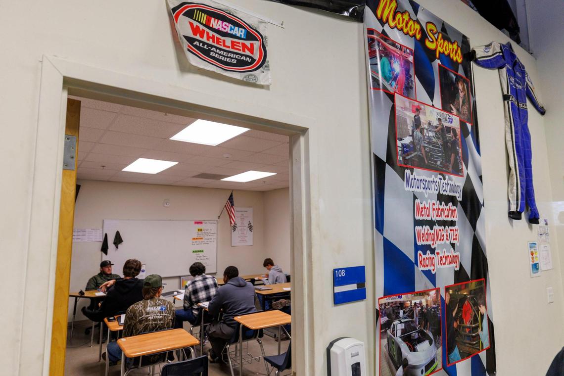 Students work at their desk before working in one of the labs at The Palmetto Academy for Learning Motorsports (PALM). PALM is a charter high school in Conway, SC that uses motorsports as a foundation for educating students. In additional to their regular curriculum, high school students work in Welding, Digital Arts & Graphics, Auto Collision Technology and Motor Sports Technology to learn skills that can be applied to various trades. Oct. 30, 2024.