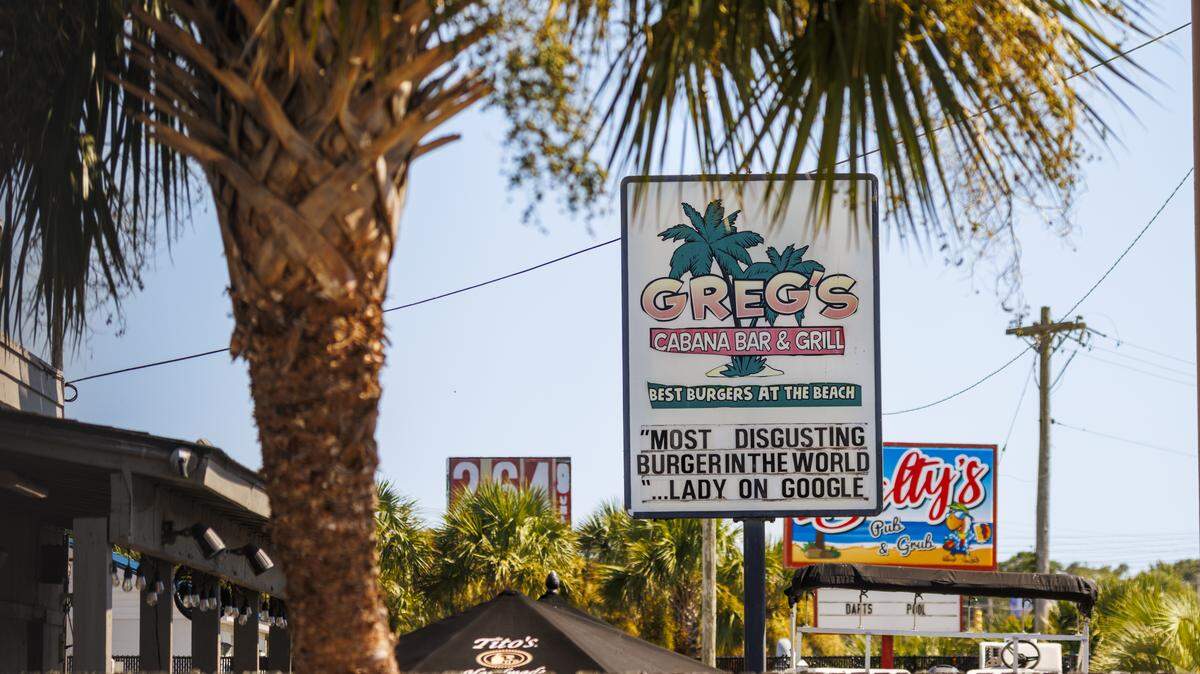 Greg's Cabana Bar and Grill in Garden City , SC posted the quote on their sign reading “Most disgusting burger in the world - Lady on Google” after receiving a negative internet review. Several local restaurants have been fighting back against social media reviewers. Sept 4, 2025.
