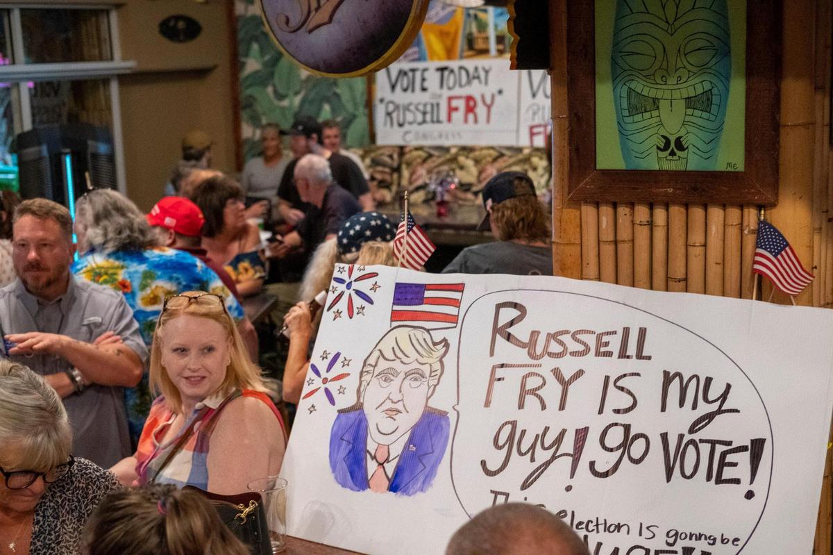 Russell Fry celebrates his win over U.S. Rep. Tom Rice at the 8th Avenue Tiki Bar in Myrtle Beach. June 14, 2022.