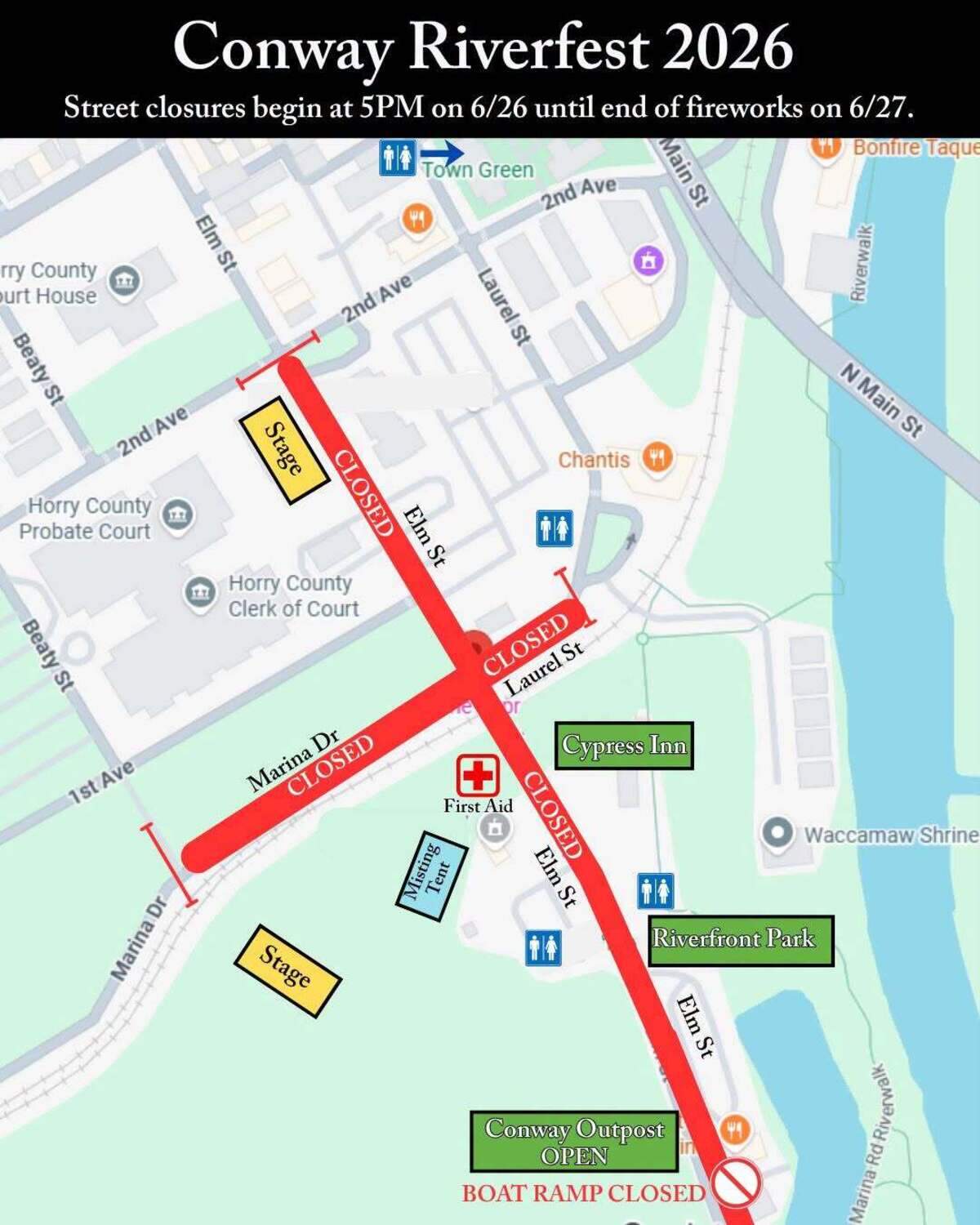 A map of downtown Conway shows where roads will be closed from Friday, June 26 at 5 p.m. through the end of the Conway Riverfest celebration on Saturday, June 27.
