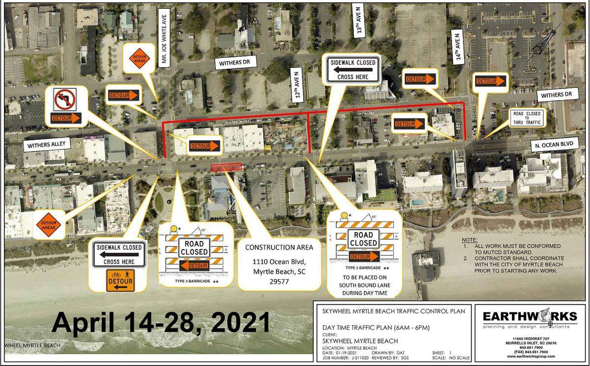 Myrtle Beach will see road closures on parts of Ocean Boulevard and connecting streets during the SkyWheel’s reinstallation from April 14 to April 28.
