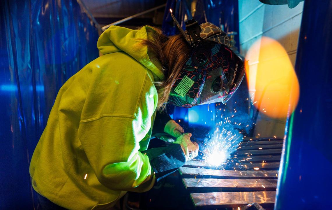 A student welds at the The Palmetto Academy for Learning Motorsports (PALM). PALM is a charter high school in Conway, SC that uses motorsports as a foundation for educating students. In additional to their regular curriculum, high school students work in Welding, Digital Arts & Graphics, Auto Collision Technology and Motor Sports Technology to learn skills that can be applied to various trades. Oct. 30, 2024.