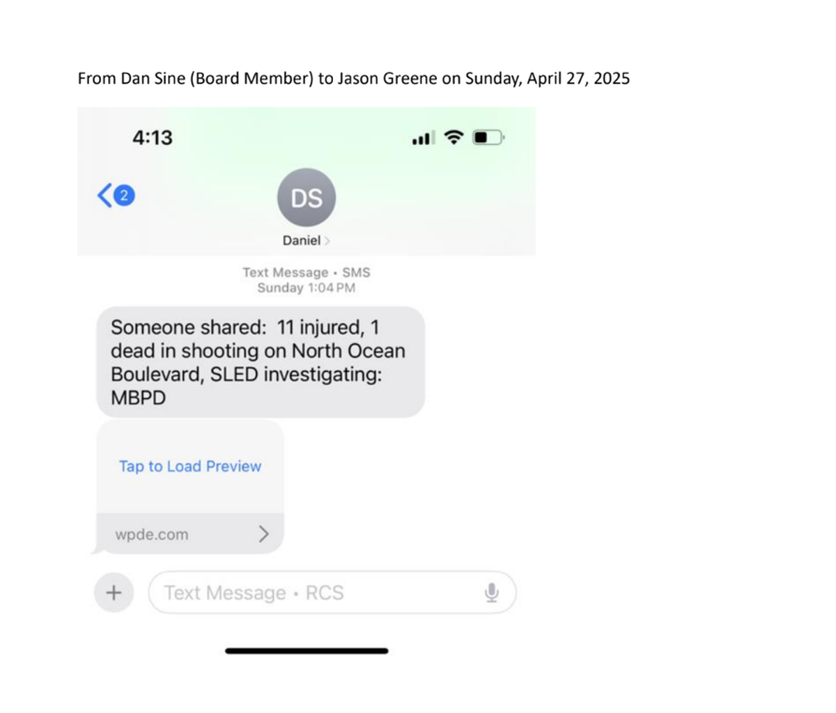 A text from Dane Sine to Jason Greene the day after a deadly Myrtle Beach shooting killed 18-year-old Jerrius Davis.