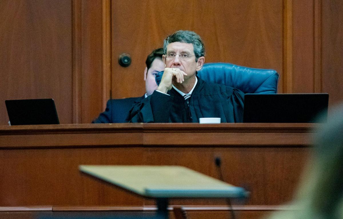 Judge Craig Brown listens as Horry County Assistant Solicitor Seth Oskin speaks on the final day of trial for Jordan Hodge and her boyfriend, Kenneth Carlisle. Hodge and Carlisle, are on trial for two counts of murder in connection to the killing of 45-year-old William “Chet” Clemons and his 64-year-old wife, Linda McAllister.