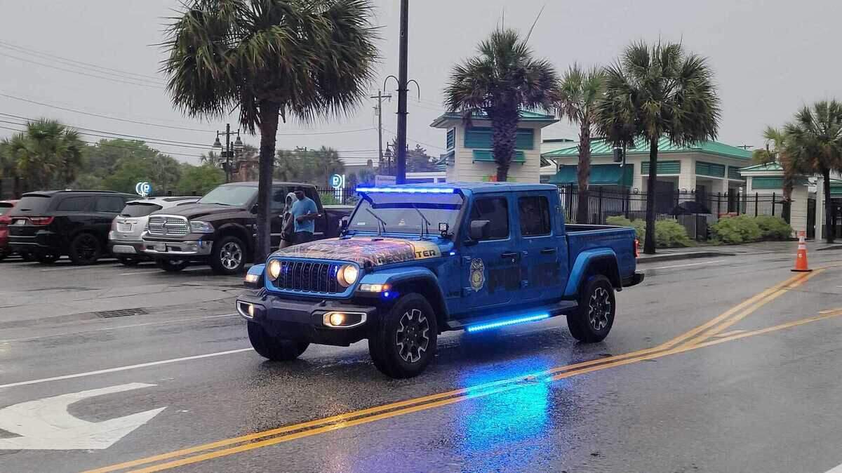 A Myrtle Beach Police Department Jeep truck marked for recruitment set up in the median between 14th and 15th Avenue North on Ocean Boulevard on Friday, May 30, 2025.