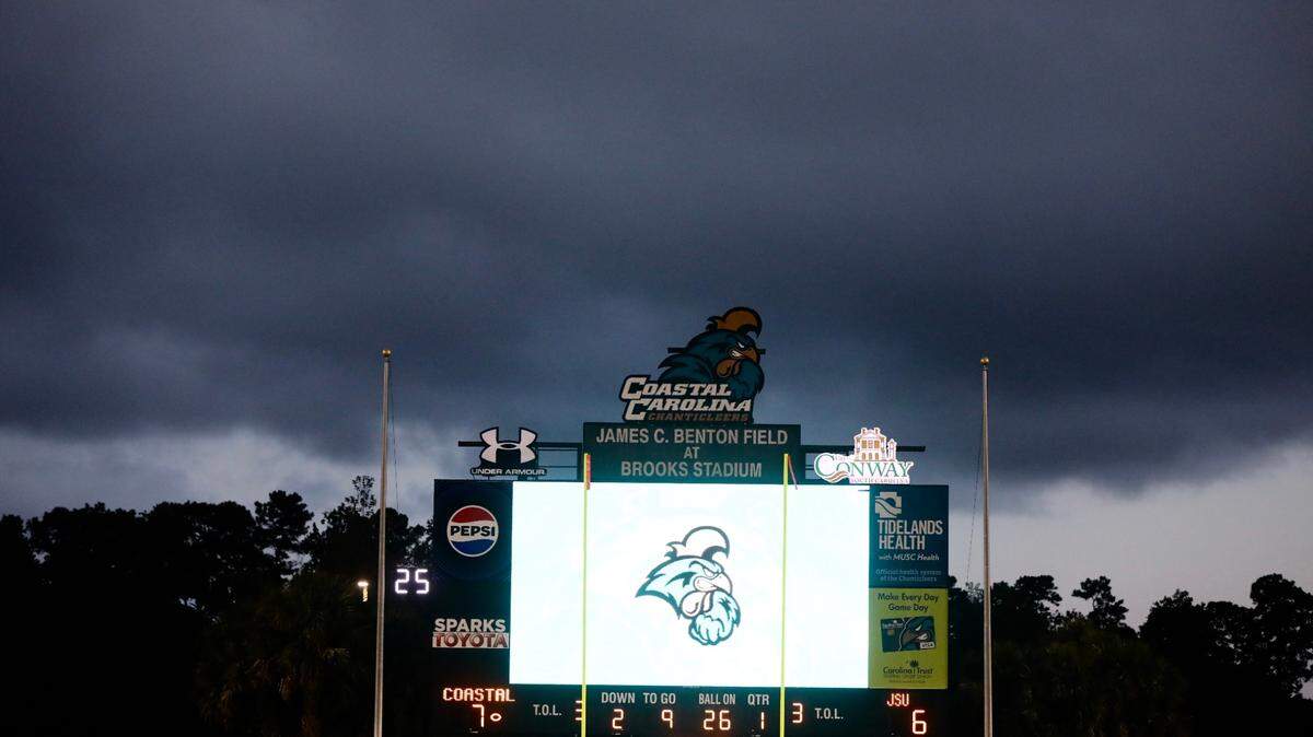 Clouds rolled over Brooks Stadium, as Coastal Carolina University’s football game against Jacksonville State University was paused during the first quarter due to a weather delay. Sept. 9, 2023.