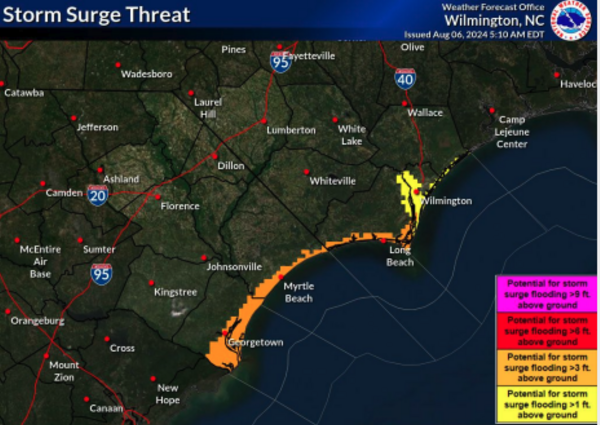 The National Weather Service anticipates Tropical Storm Debby to cause storm surge throughout Horry and Georgetown Counties. NWS forecasts between 2-4 feet of storm surge.