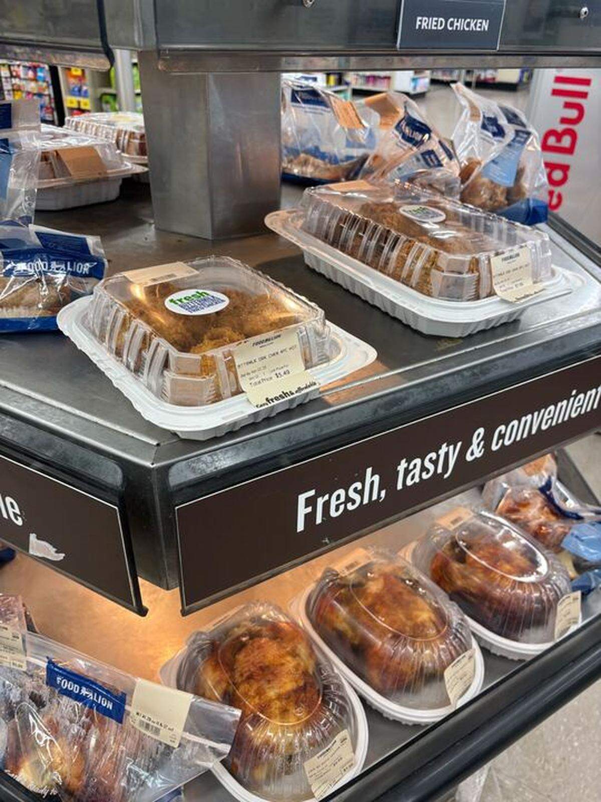 The Food Lion fried chicken could be picked up from a hot food stand in the grocery store. Unlike the other stores, there was no deli to order hot food from.