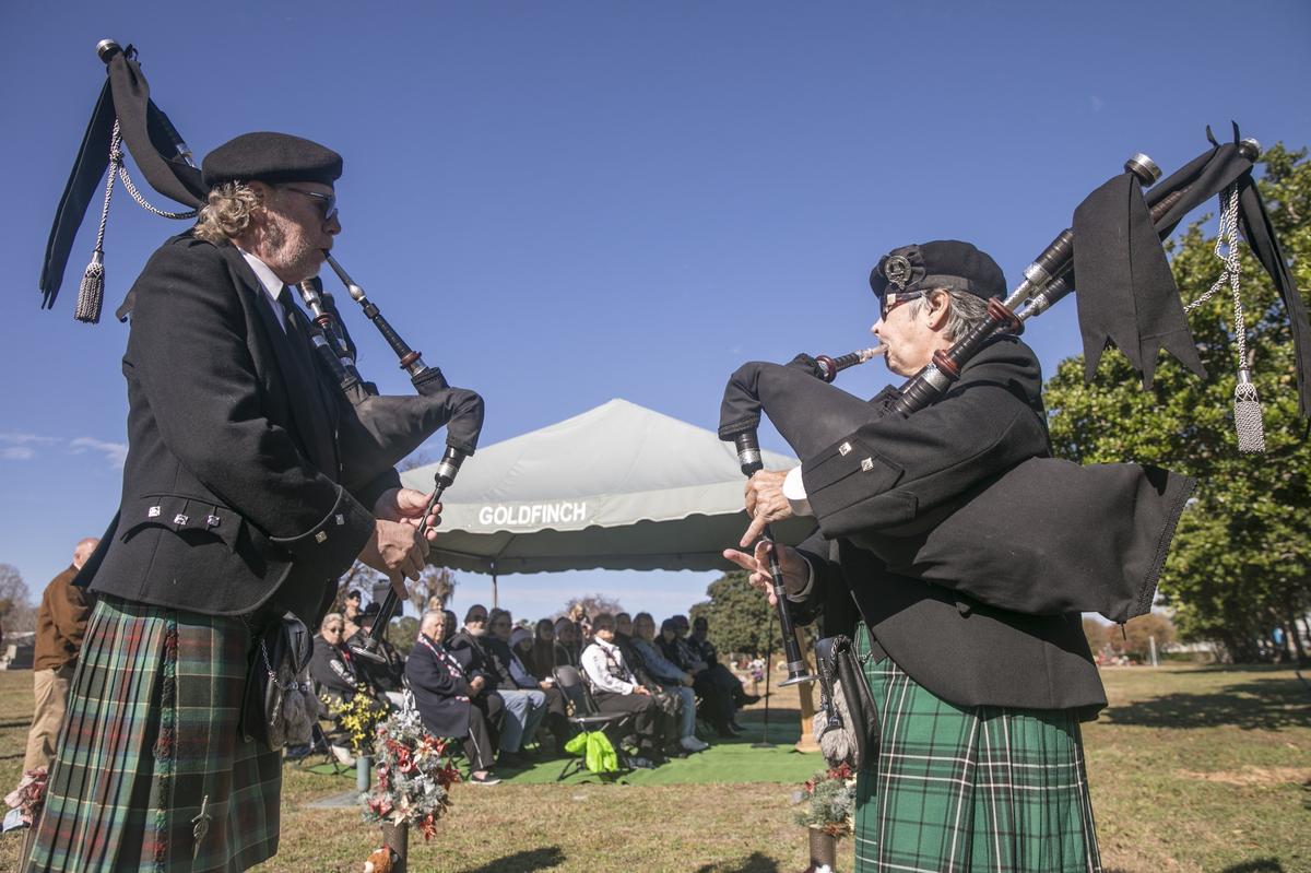 Bagpipers play at a memorial service that was held today for ‘Baby Boy Horry’ at Hillcrest Cemetery. Tuesday marks the ten-year anniversary of the birth and death of the unidentified infant who was found abandoned in a shopping bag by utility workers on Dec. 4, 2008. Dec 04, 2018.