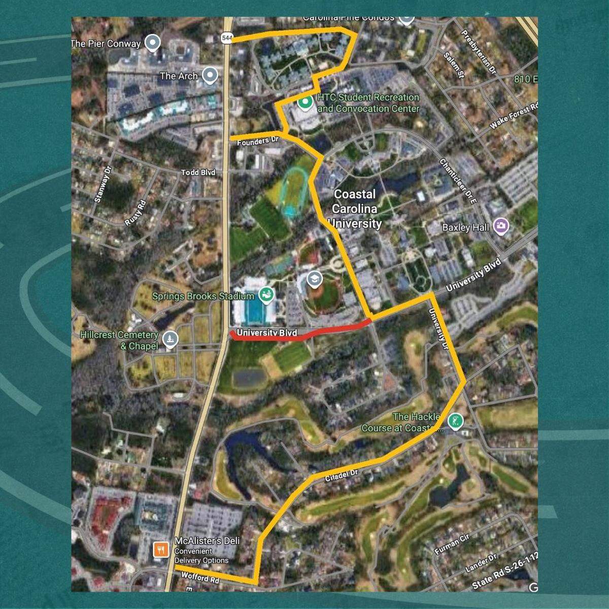 Coastal Carolina University is temporarily closing a main road this summer that runs through its campus. Part of University Boulevard, between Chanticleer Drive West to Highway 544, closed on Sunday and will be unavailable until till Aug. 1.