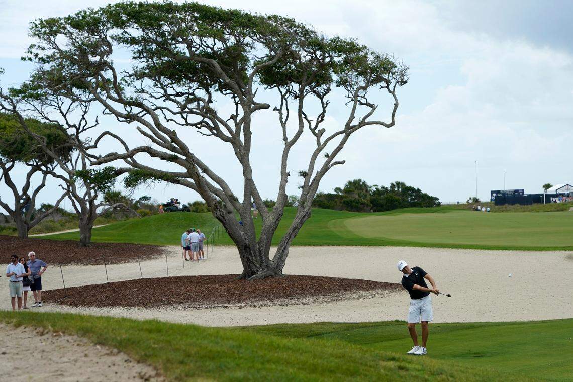 Jordan Spieth hits up to the sixth hole during a practice round at the PGA Championship golf tournament on the Ocean Course Wednesday, May 19, 2021, in Kiawah Island, S.C. (AP Photo/Matt York)