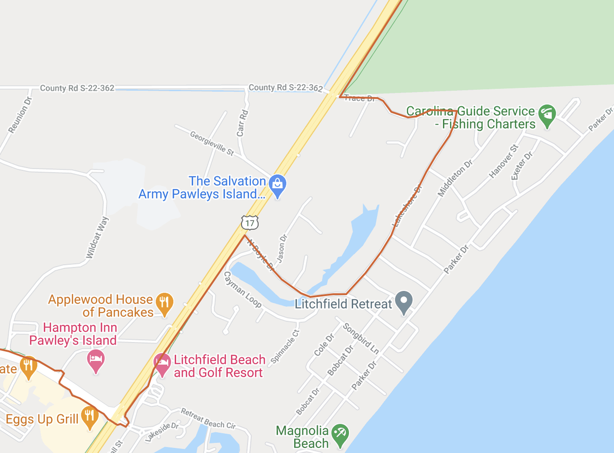 The red line on this map shows the previous route of the Waccamaw Neck Bike Trail, which detoured through the Litchfield neighborhood south of Huntington Beach State Park. Now, the trail follows U.S.-Hwy. 17 between Trace and N. Boyle Drives.