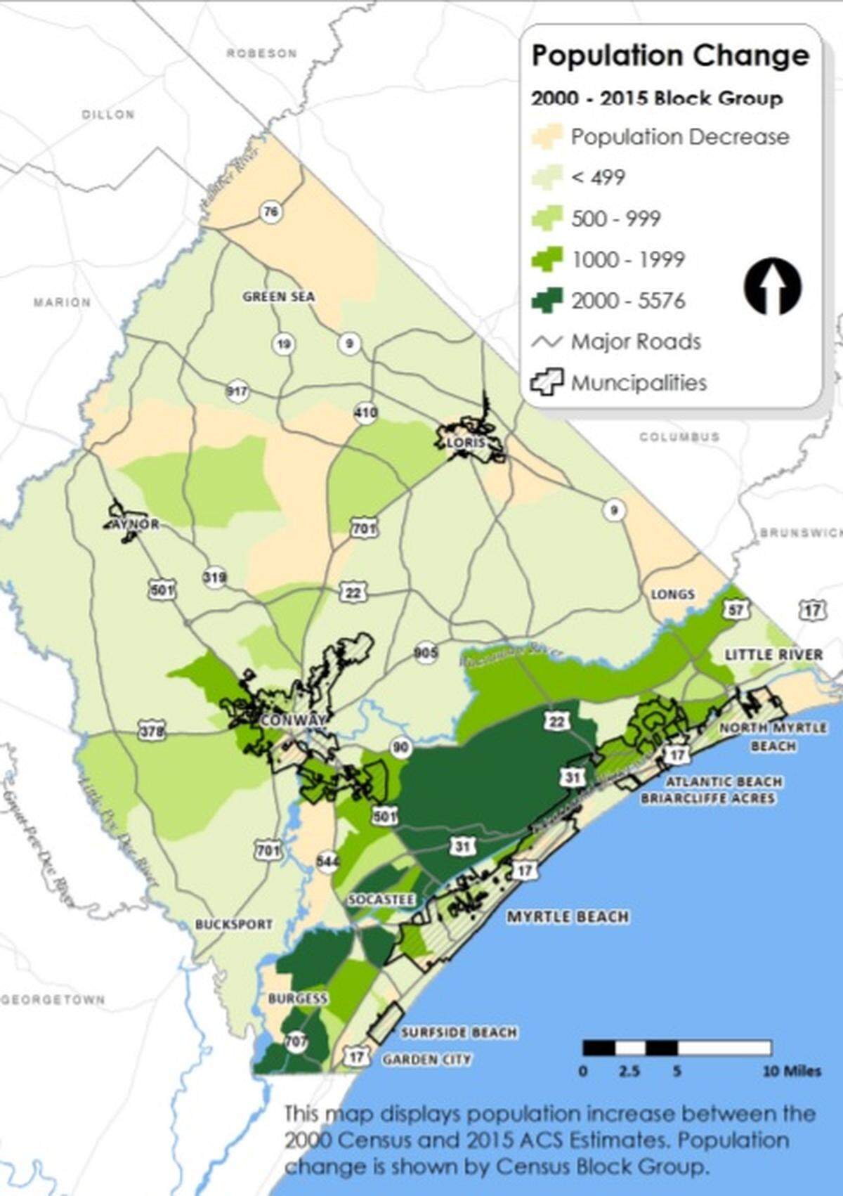 A map of which areas in Horry County are growing the fastest.