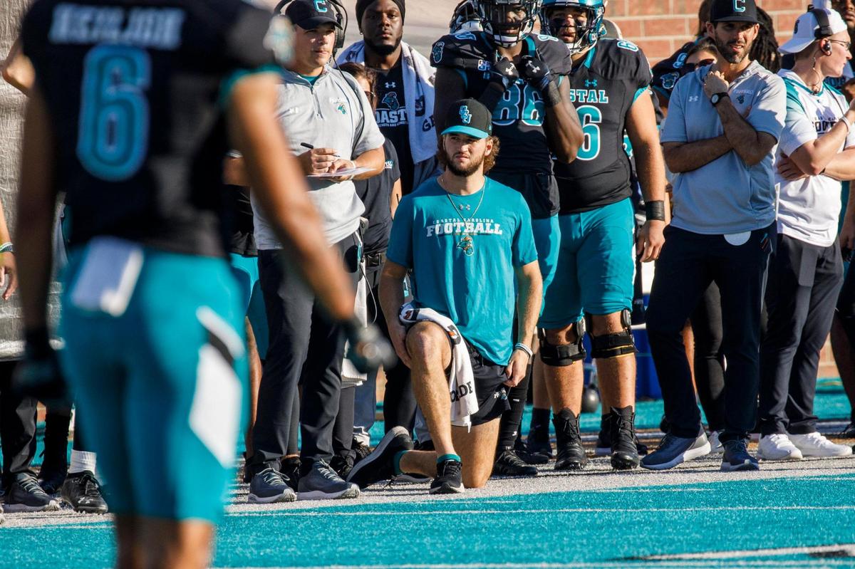 Coastal Carolina quarterback Grayson McCall was on the sideline on Saturday due to an injury. Coastal Carolina University hosted Georgia State for homecoming on Saturday. Nov. 13, 2021.