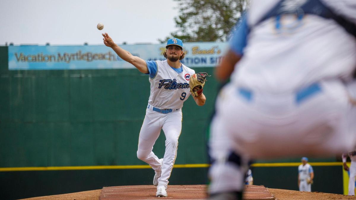 Myrtle Beach Pelicans pitcher Porter Hodge, who started Tuesday night’s home opener, warms up at practice on April 05, 2022.